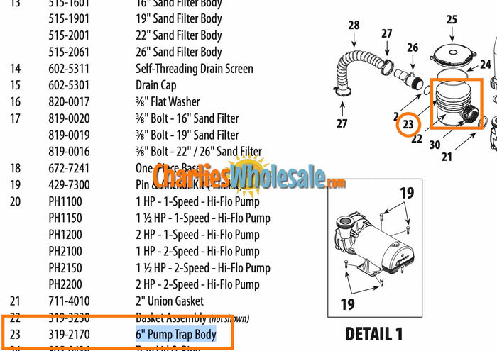 Replacement Part 319-2170 6" Pump Trap Body