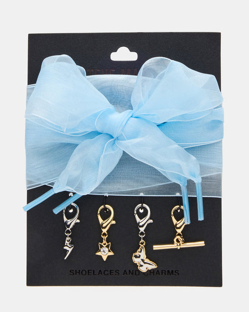SHOE LACES AND CHARMS Blue Bow Lace Lightning Bolt Star & Butterfly Rhinestone Charms Shoe Accessory | Steve Madden