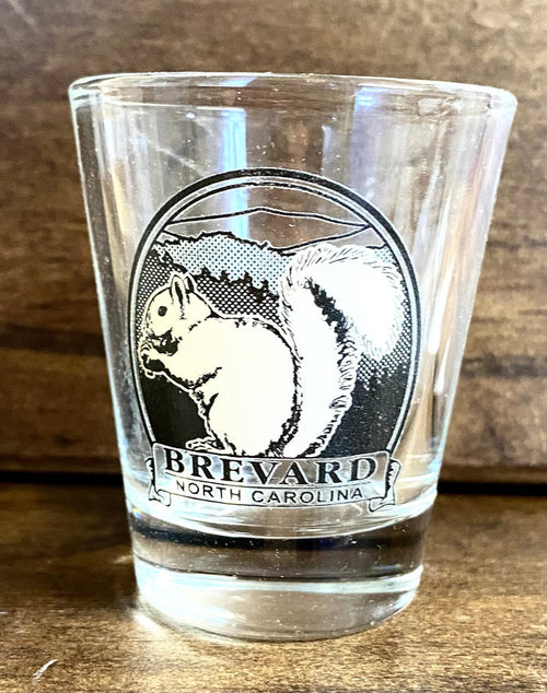 A clear shot glass with a black and white illustration of a squirrel and the text 'BREVARD NORTH CAROLINA' on it.