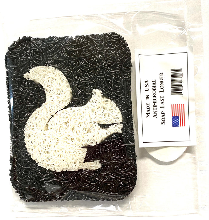 A black soap lift with a white squirrel design. Made in the USA.