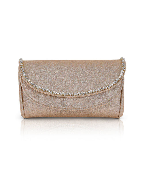 Gold | Talia Satin Double Flap Clutch with Crystal Trim Front