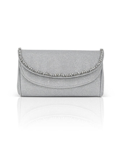 Silver | Talia Satin Double Flap Clutch with Crystal Trim