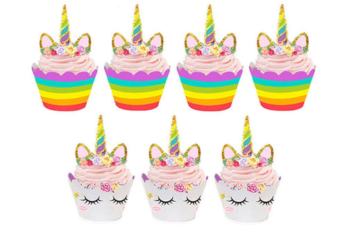Unicorn Cupcake Toppers and Wrappers Double Sided (Unicorn/Rainbow) (12 pcs)