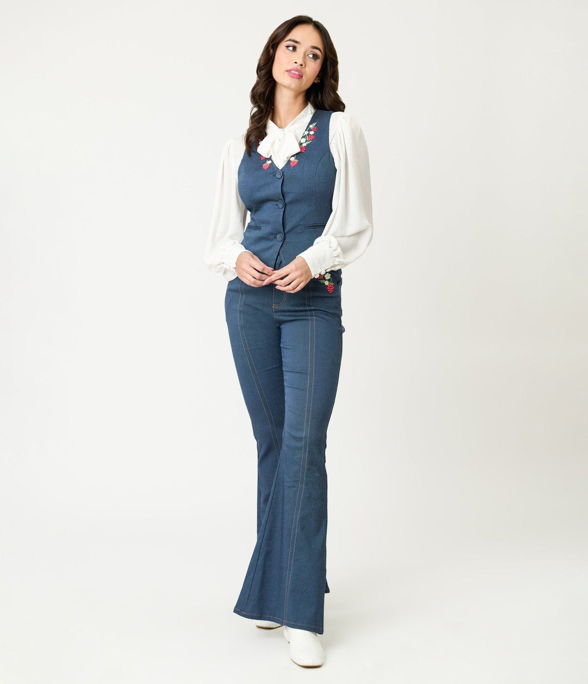 Unique Vintage 1940s Denim Embroidered Button Up Vest