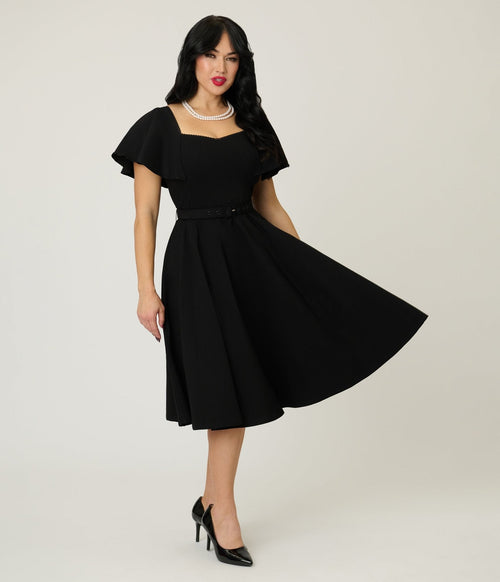 Unique Vintage Black Flutter Sleeve Swing Dress