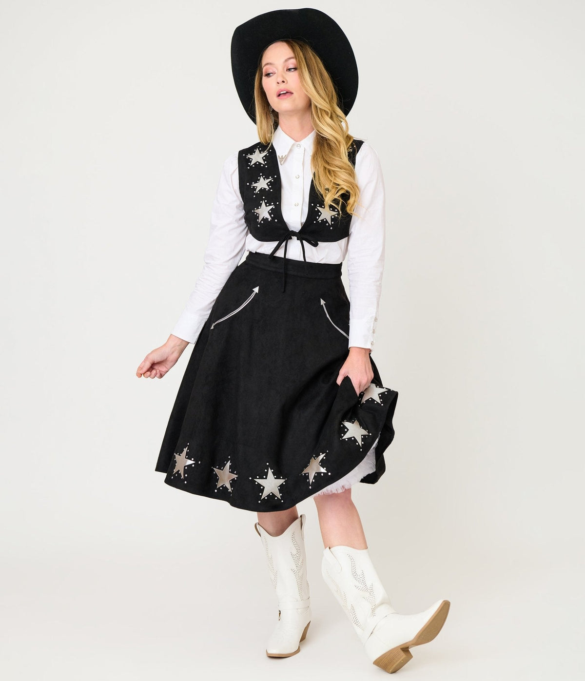 Unique Vintage Black & Silver Rhinestone Stars Western Suede Swing Skirt