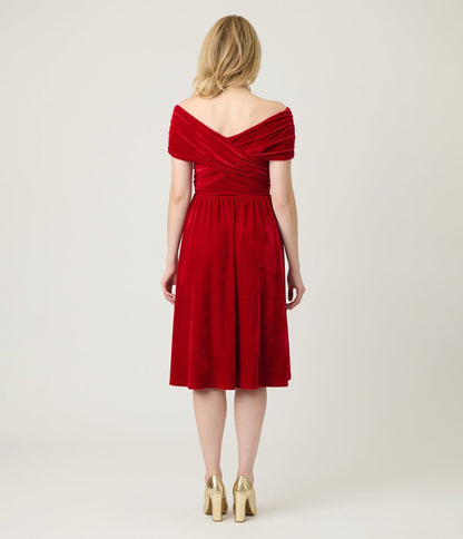 Unique Vintage Burgundy Shirred Velvet Swing Dress