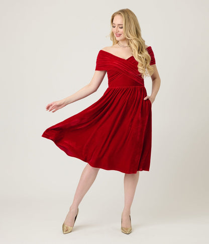 Unique Vintage Burgundy Shirred Velvet Swing Dress