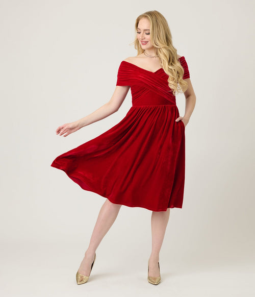 Unique Vintage Burgundy Shirred Velvet Swing Dress
