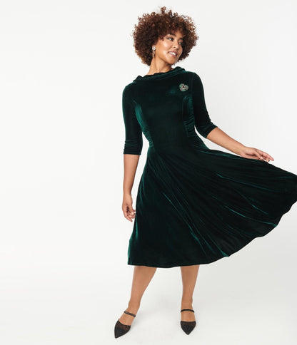 Unique Vintage Emerald Velvet Nicola Swing Dress