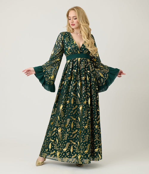 Unique Vintage Green & Gold Foil Peacock Print Maxi Dress