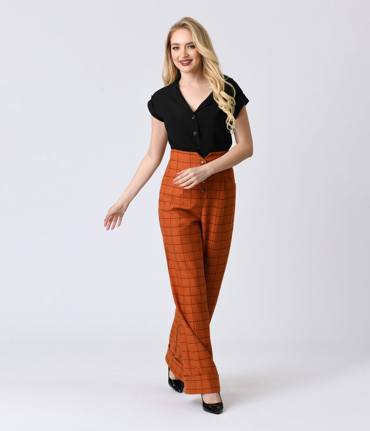 Unique Vintage Orange Windowpane Buttoned Wide Leg Trousers