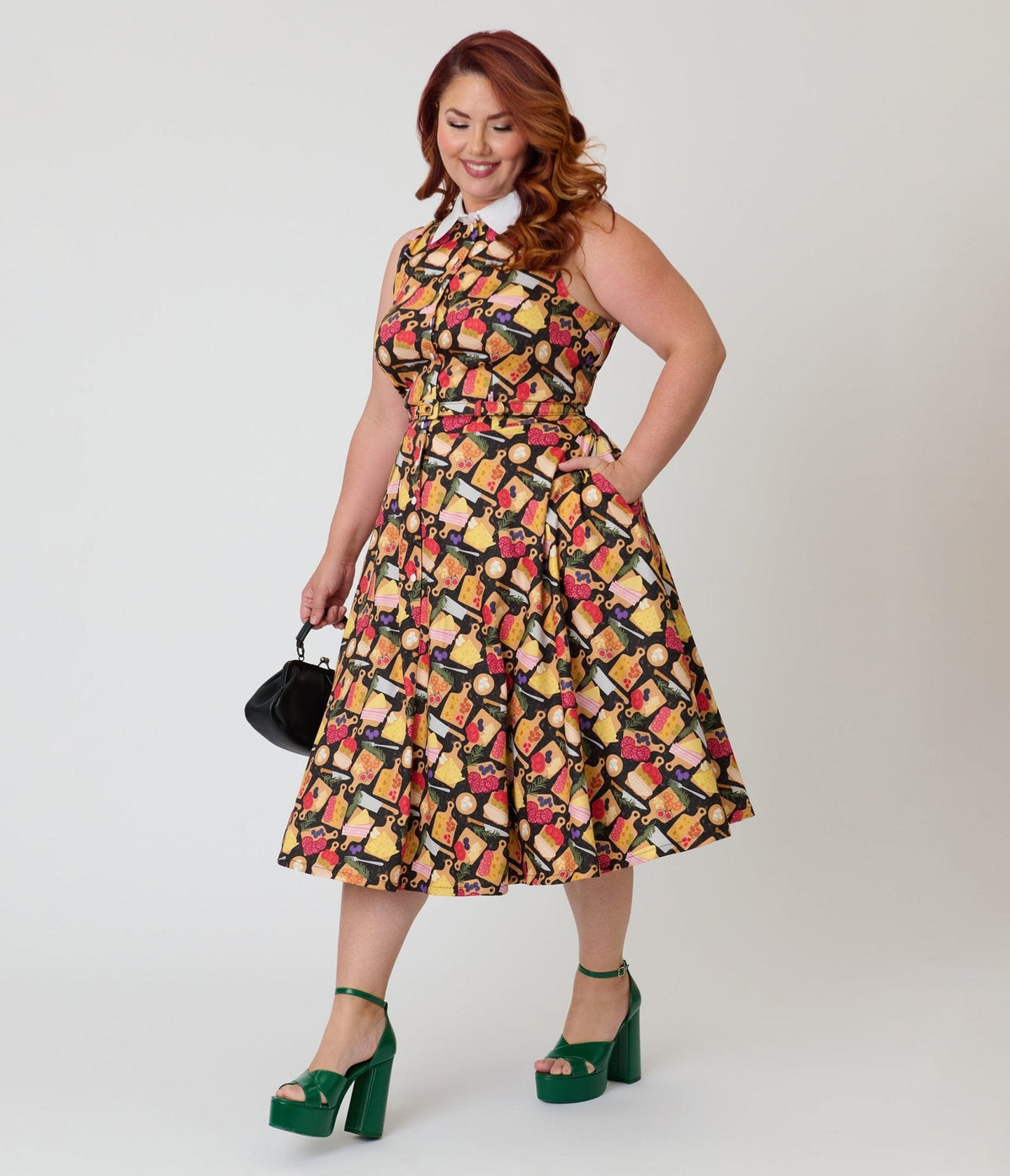 Unique Vintage Plus Size Charcuterie Print Darlene Swing Dress