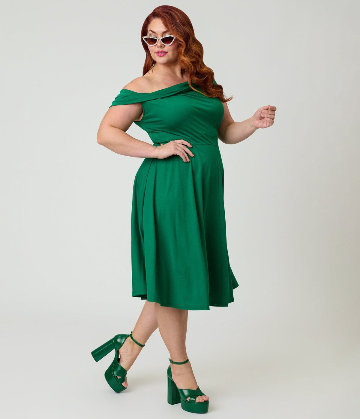 Unique Vintage Plus Size Green Asymmetrical Neck Swing Dress