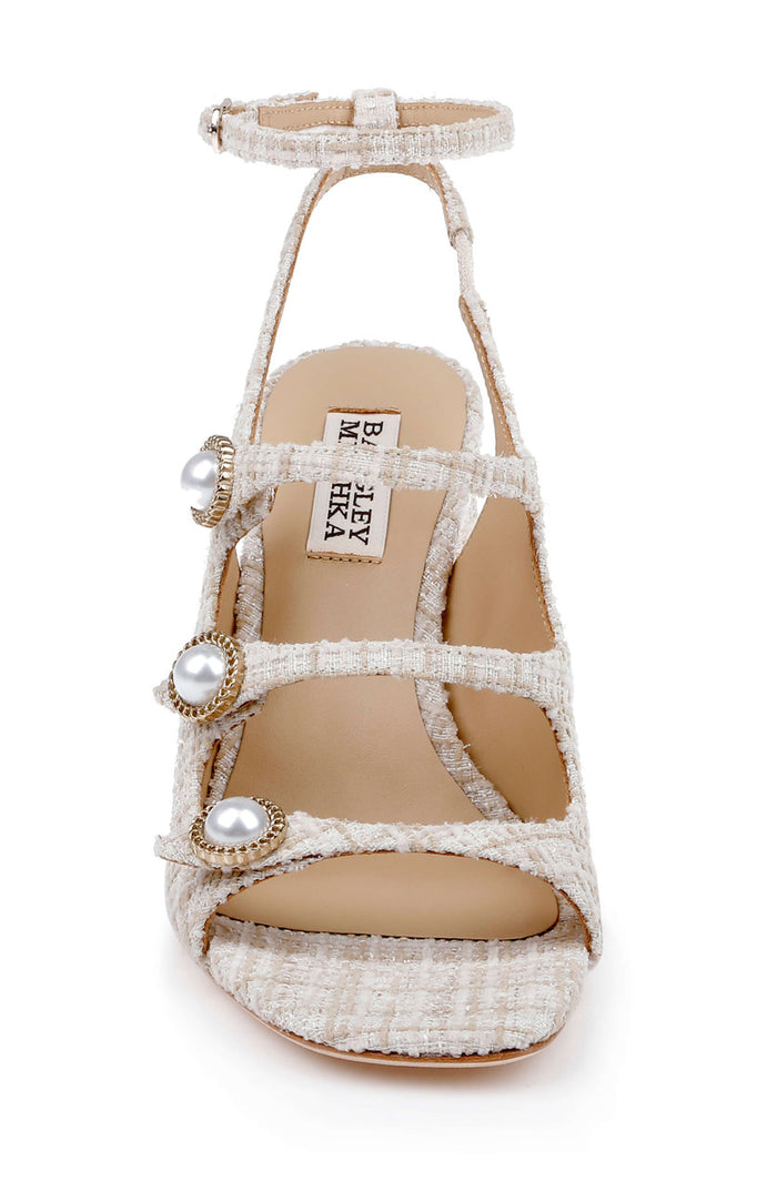 Cream Multi | Vella Tweed Pearl Embellished Block Heel Sandals Front