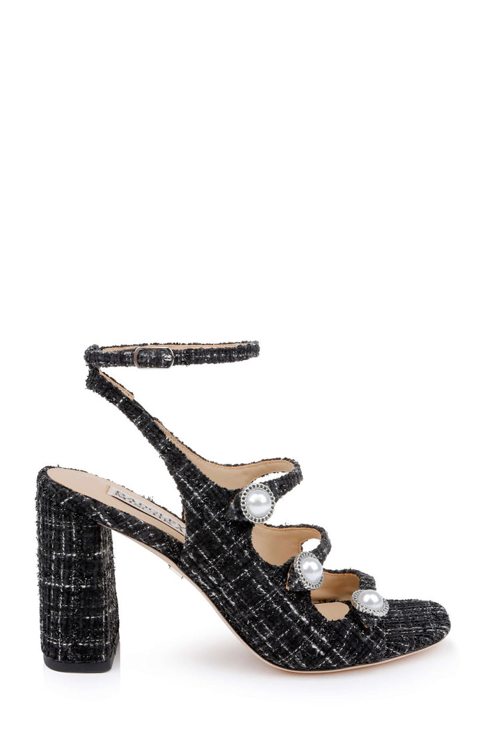 Black Multi | Vella Tweed Pearl Embellished Block Heel Sandals Side