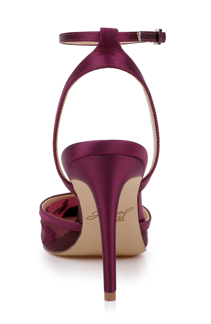Wine Satin | Zaida Pointed Toe Ankle Strap Pump Back